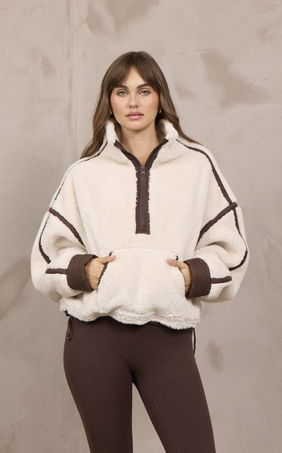 Vintage Havana Sherpa Quarter Zip in Light Beige Brown, front view
