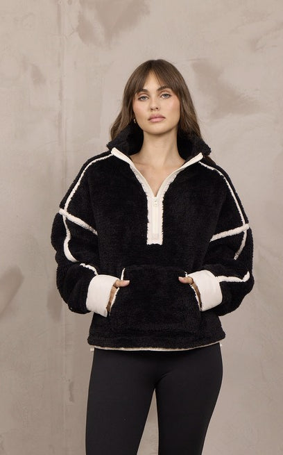 Vintage Havana Sherpa Quarter Zip in Black Ivory, front view
