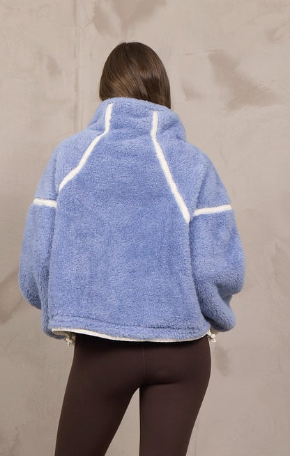 Vintage Havana Sherpa Quarter Zip in Stone Blue Ivory, back view
