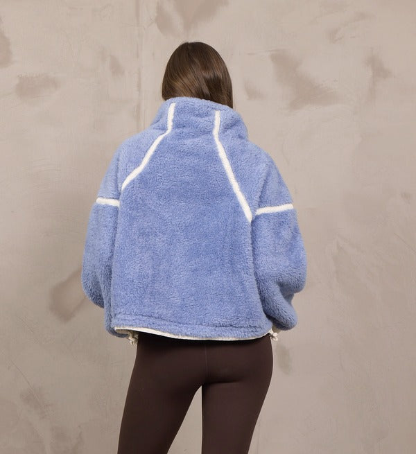 Vintage Havana Sherpa Quarter Zip in Stone Blue Ivory, back view