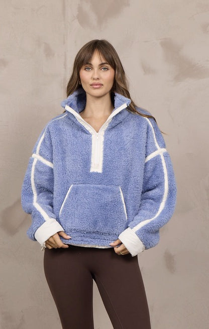 Vintage Havana Sherpa Quarter Zip in Stone Blue Ivory, front view