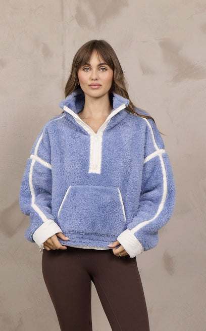 Vintage Havana Sherpa Quarter Zip in Stone Blue Ivory, front view