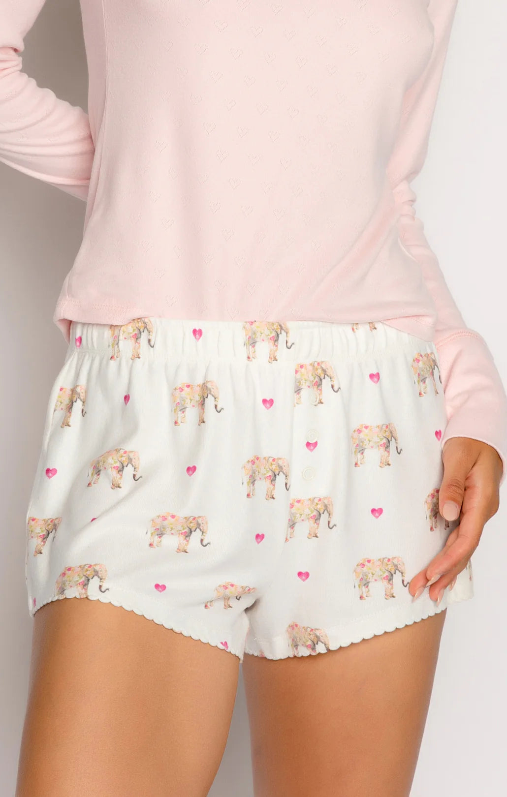 PJ Salvage Love A Ton Short Ivory. Rest easy in these elephant-print sleep shorts with tiny picot trim at hem, the perfect cozy piece to add to your pajama collection.