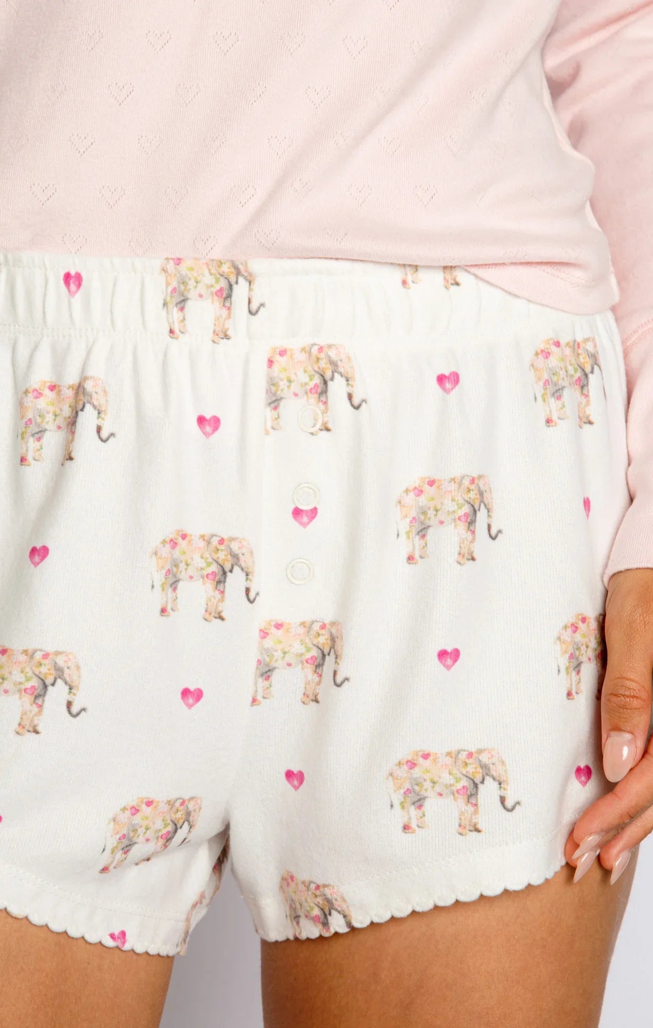 PJ Salvage Love A Ton Short Ivory. Rest easy in these elephant-print sleep shorts with tiny picot trim at hem, the perfect cozy piece to add to your pajama collection.