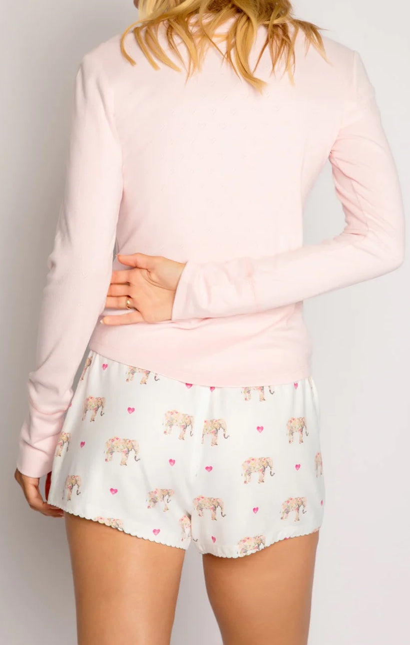 PJ Salvage Love A Ton Short Ivory. Rest easy in these elephant-print sleep shorts with tiny picot trim at hem, the perfect cozy piece to add to your pajama collection.