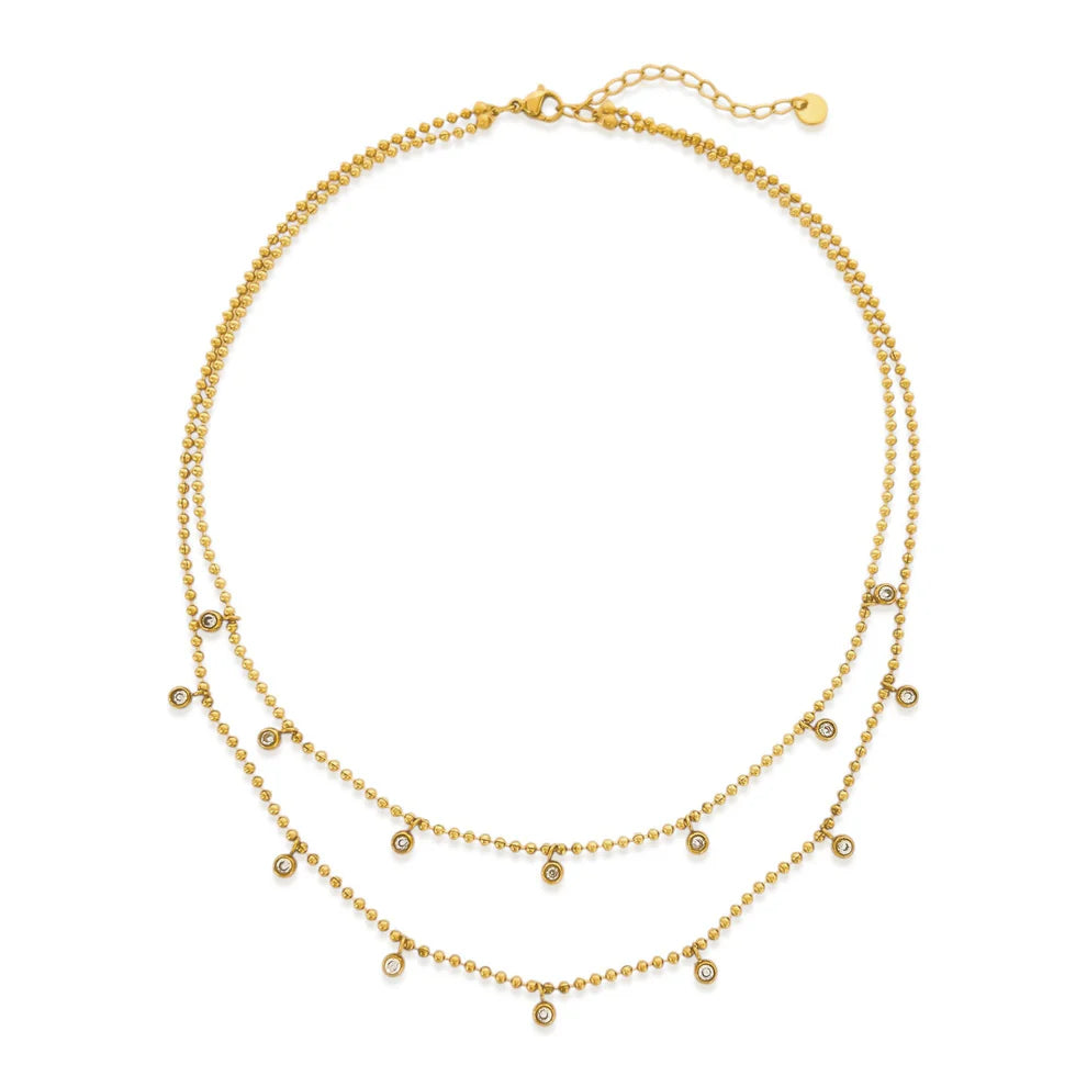 gold layered necklace, dainty crystal necklace, gold drop necklace, beaded chain necklace, gold layering necklace, crystal charm necklace, delicate gold jewelry, minimal gold necklace, everyday layered necklace, gold dainty necklace