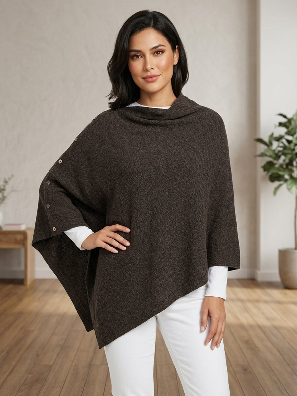 Woman wearing a knit poncho with a button-front collar and asymmetric hem.