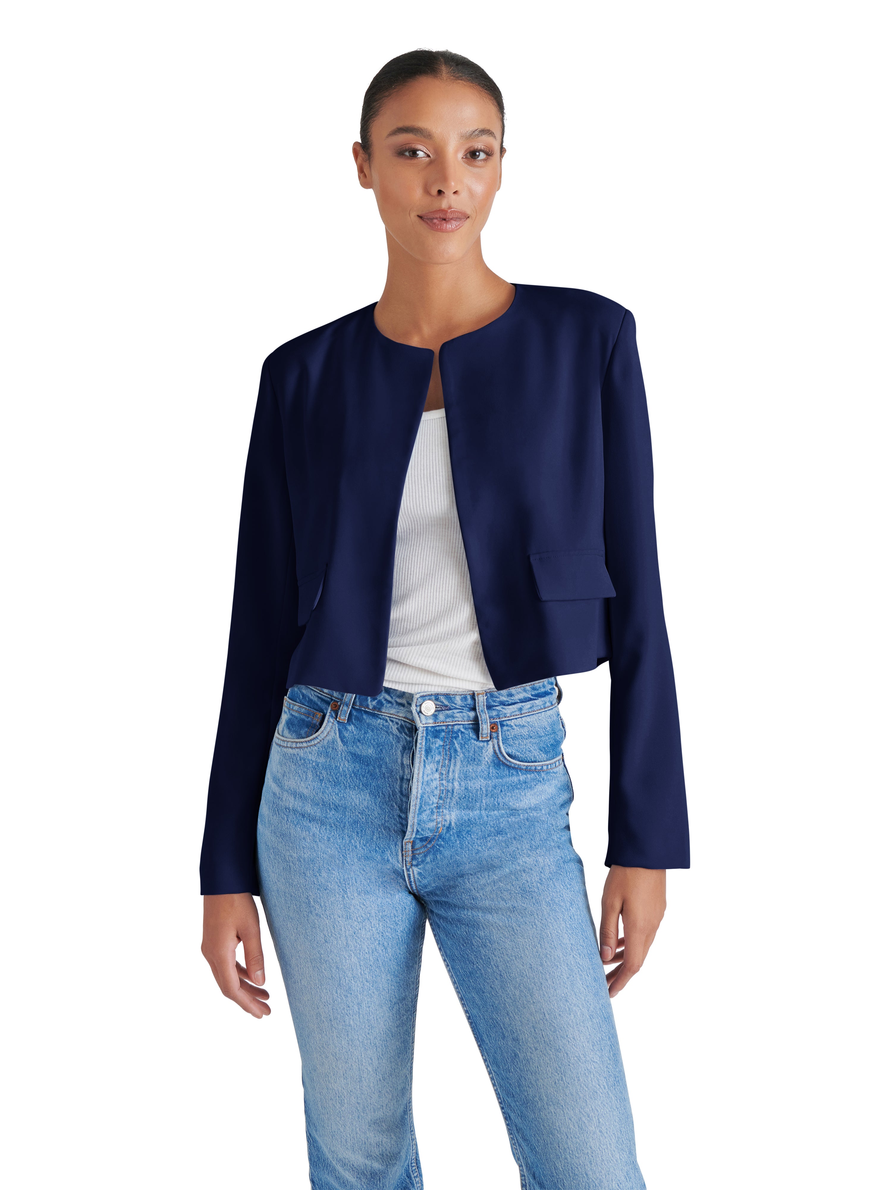 cropped open front jacket, women’s cropped jacket, tailored cropped blazer, modern women’s jacket, polished layering jacket, work to weekend jacket, open front blazer women, structured cropped jacket, everyday women’s jacket