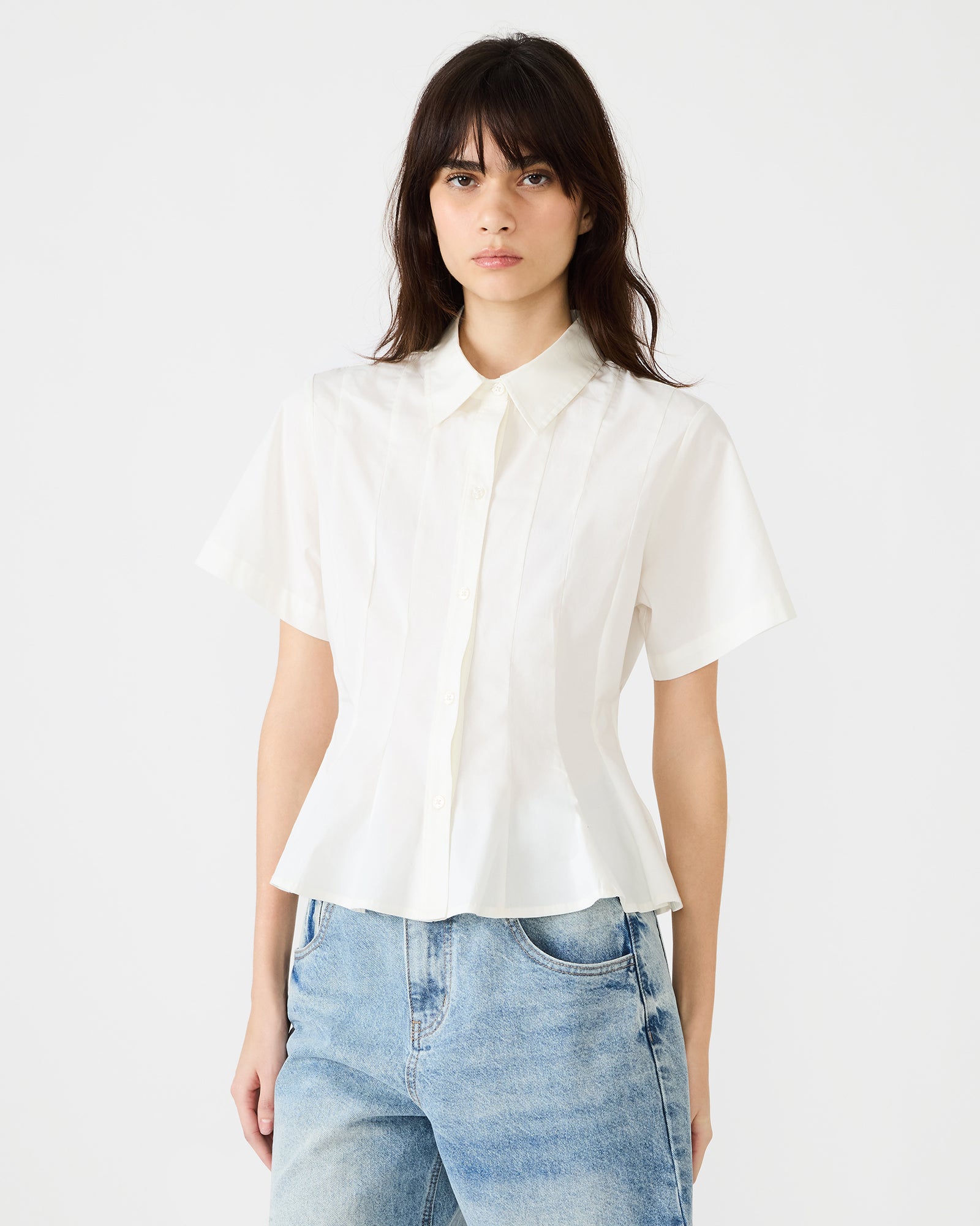 pintuck button down top, short sleeve button down blouse, women’s button down top, pintuck blouse women, peplum hem top, workwear blouse women, polished casual top, boutique button down blouse, tailored short sleeve top