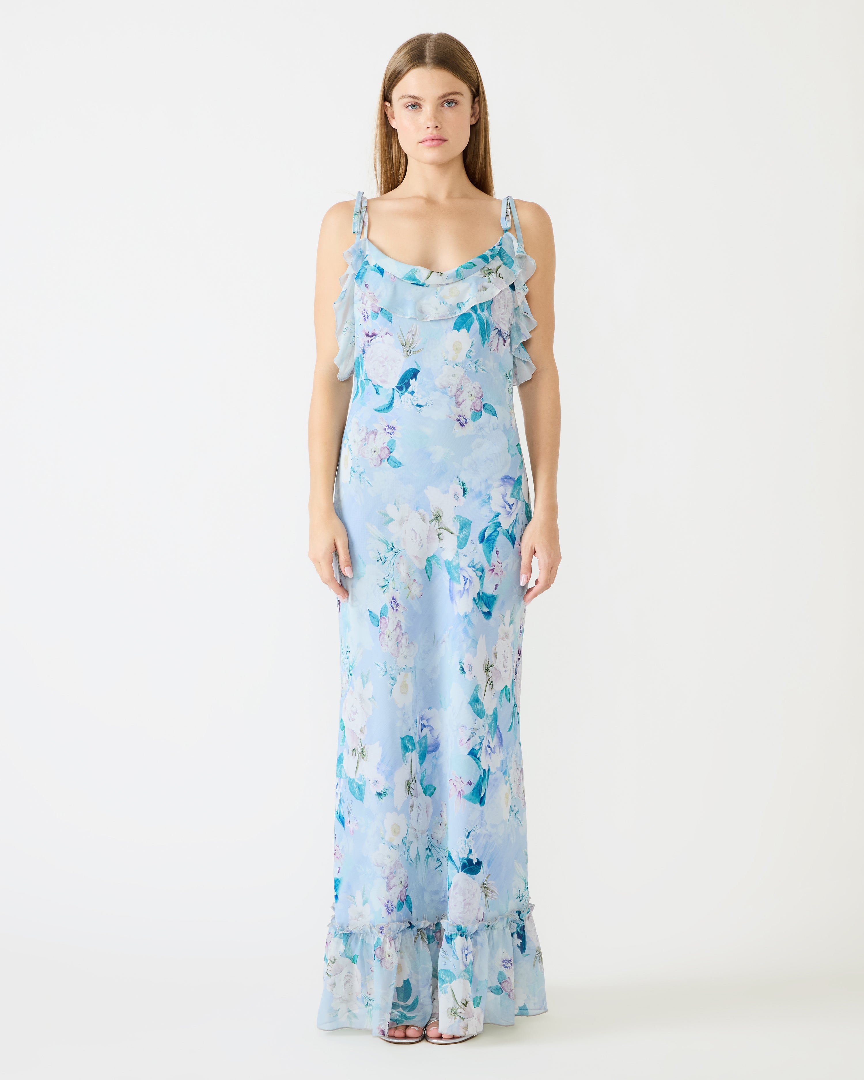 floral maxi dress, women’s maxi dress, ruffle maxi dress, sleeveless maxi dress, boutique women’s dresses, romantic maxi dress, occasion maxi dress, wedding guest dress, flowy maxi dress, feminine long dress