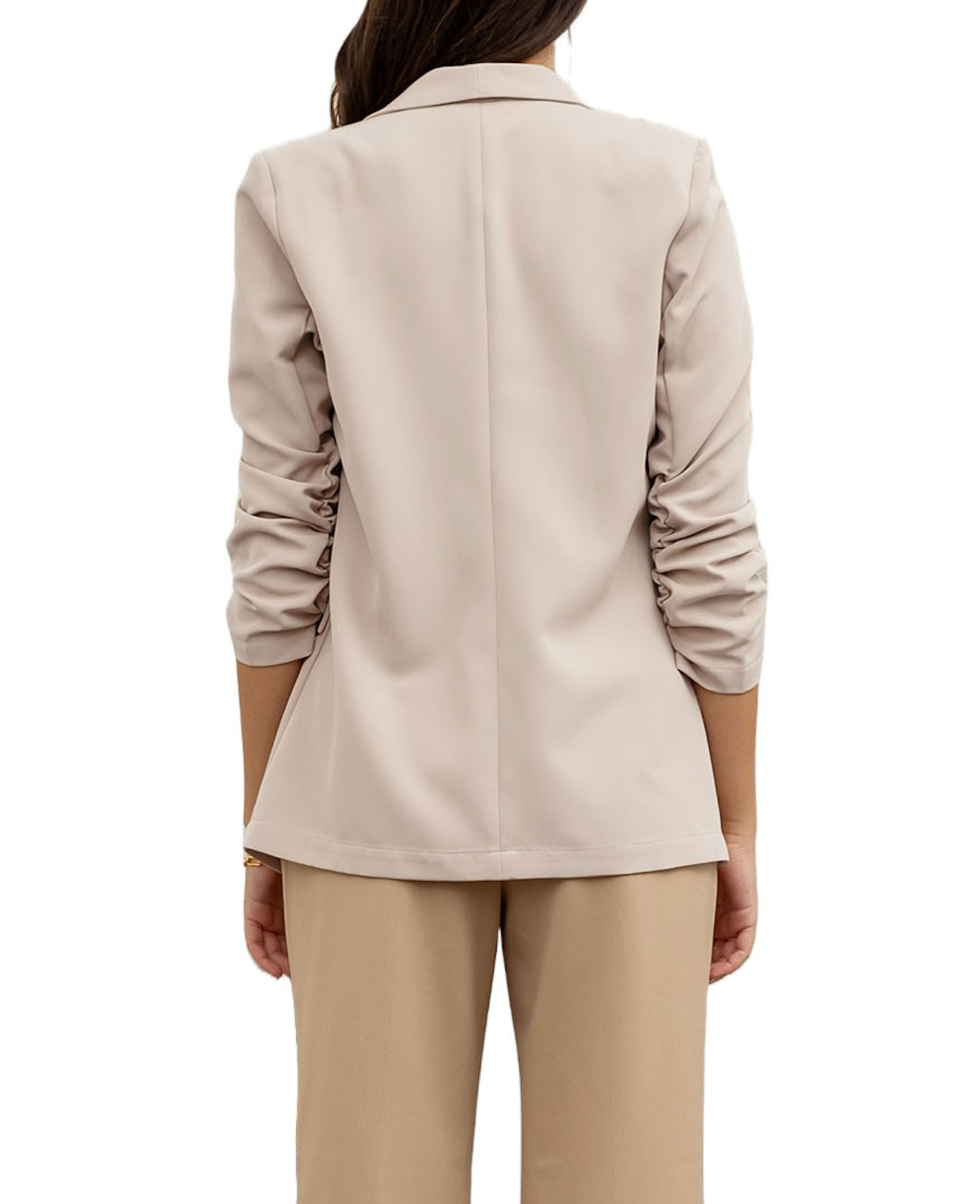 Beautiful Chaos Ruched Sleeve Blazer Oatmeal. This blazer features a shawl collar with an open front, flap pockets and ruched sleeves, the perfect basic to have in your rotation to add a touch of sophistication to any look.