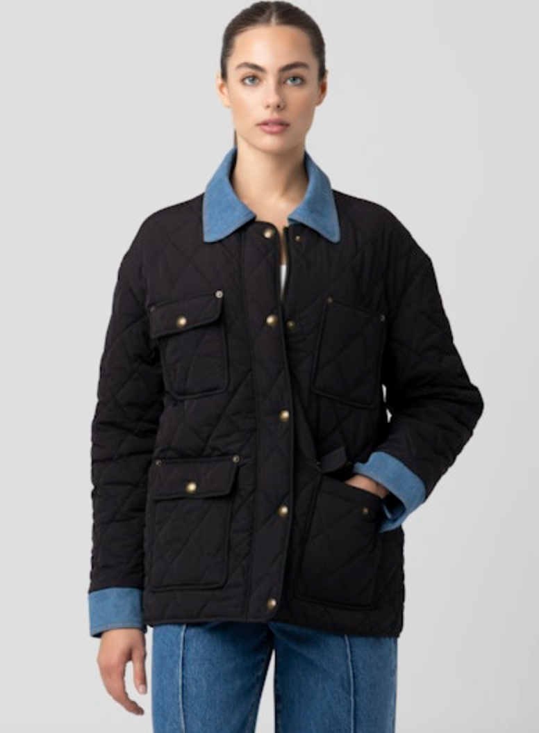 quilted jacket, fall outerwear, black diamond jacket, denim collar jacket, utility jacket, lightweight fall coat, women’s quilted coat, casual fall layering, stylish black jacket, transitional outerwear