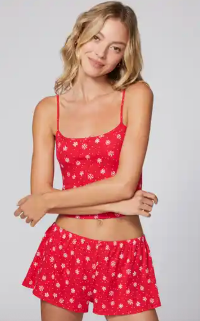 holiday pajama set, red snowflake pjs, women’s Christmas sleepwear, festive cami and shorts set, holiday lounge set, red Christmas pajamas, cute winter pjs, cozy holiday sleep set, snowflake print loungewear, women’s holiday nightwear