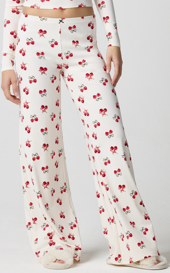 cherry pajama pants, printed lounge pants, women’s pajama bottoms, cherry print pjs, soft sleepwear, cozy loungewear, wide leg pajama pants, comfy pj set, cute pajama bottoms, cozy nightwear, women’s sleep pants, holiday pajamas, matching pajama set, printed sleepwear, cherry print loungewear