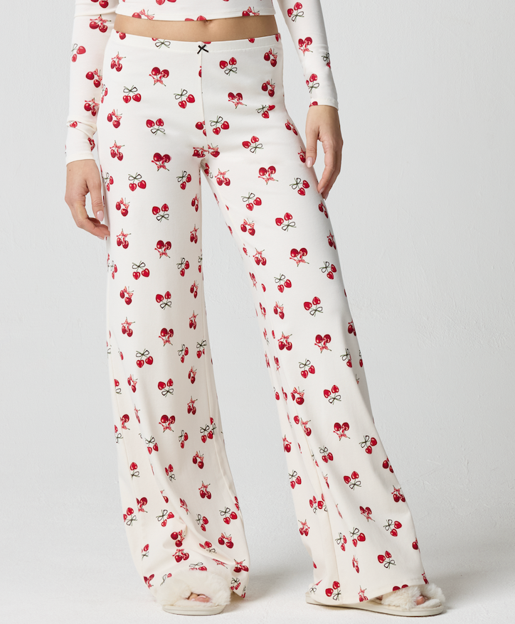 cherry pajama pants, printed lounge pants, women’s pajama bottoms, cherry print pjs, soft sleepwear, cozy loungewear, wide leg pajama pants, comfy pj set, cute pajama bottoms, cozy nightwear, women’s sleep pants, holiday pajamas, matching pajama set, printed sleepwear, cherry print loungewear