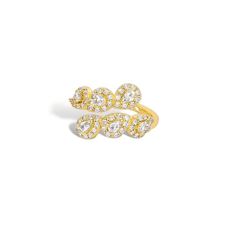 gold pavé ring, teardrop stone ring, double row gold ring, statement gold ring, pavé crystal ring, wrap style ring, elegant gold ring, sparkling statement ring, gold cocktail ring, modern gold jewelry, layered gold ring, boutique jewelry ring, everyday statement ring