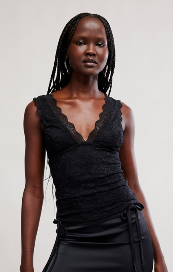 Black lace sleeveless tank with a scalloped V-neckline, stretch fit, and open-back detail with a clasp closure, shown from the front and back.