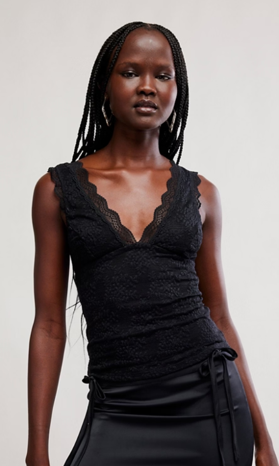Black lace sleeveless tank with a scalloped V-neckline, stretch fit, and open-back detail with a clasp closure, shown from the front and back.