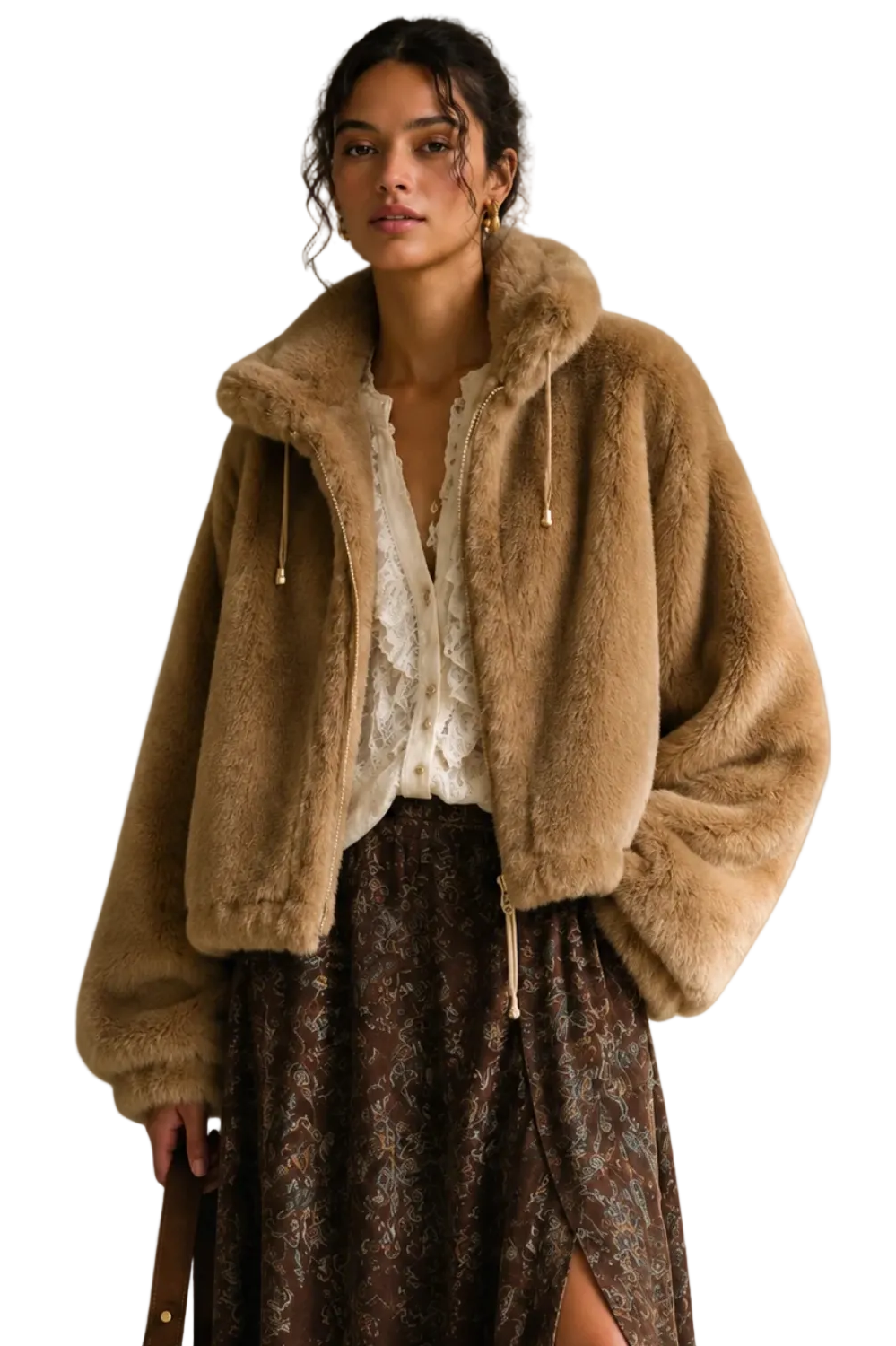 Plush faux fur jacket with high drawstring collar, front zipper, and long sleeves.