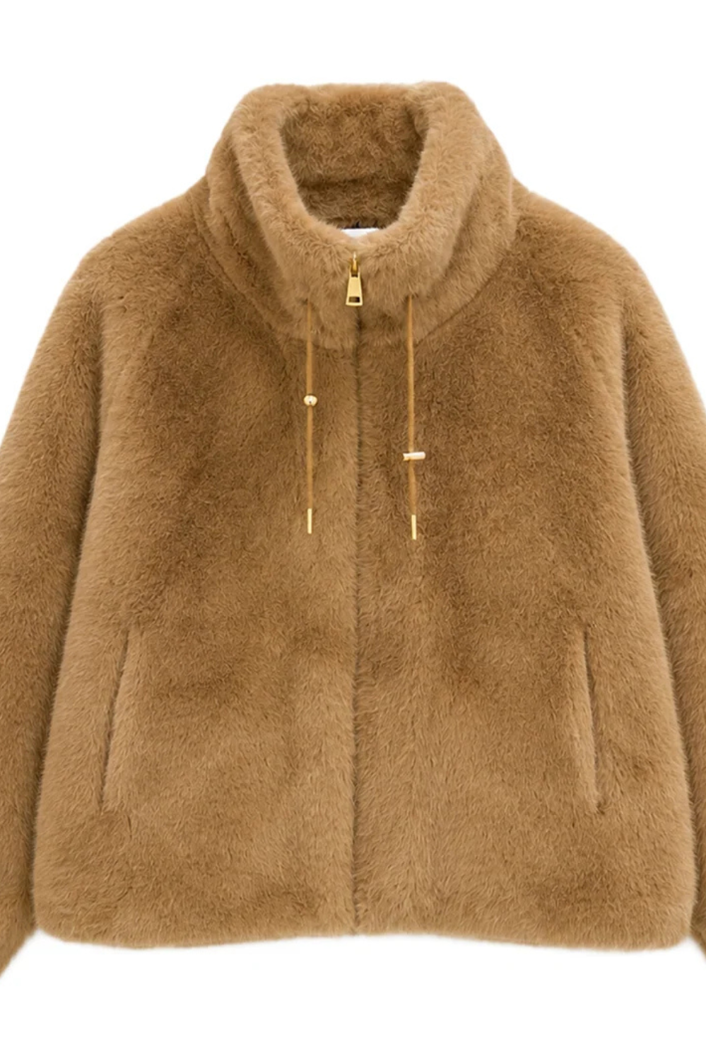 Plush faux fur jacket with high drawstring collar, front zipper, and long sleeves.