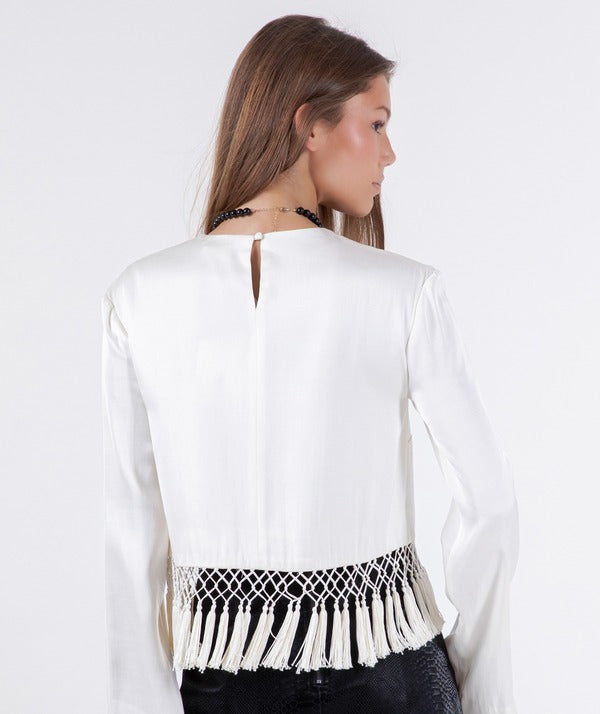 Whiteroom + Cactus Satin Long Sleeve Blouse in Cream, back view