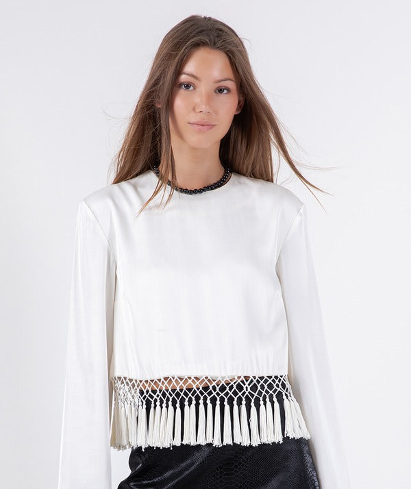 Whiteroom + Cactus Satin Long Sleeve Blouse in Cream, front view