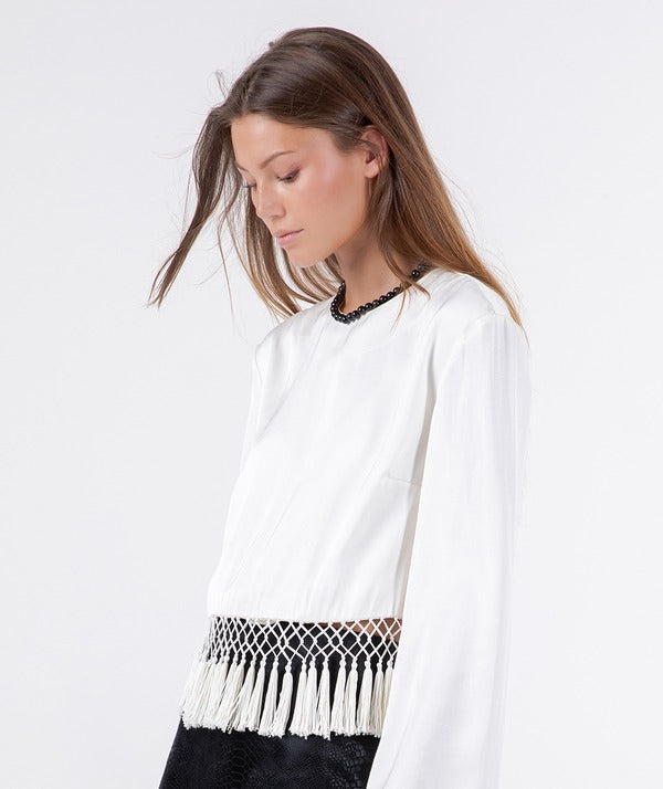 Whiteroom + Cactus Satin Long Sleeve Blouse in Cream, side view