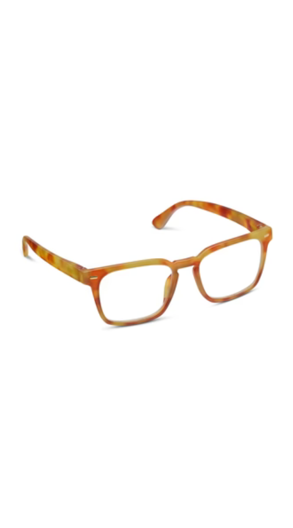 Rectangular tortoise reading glasses with clear lenses.