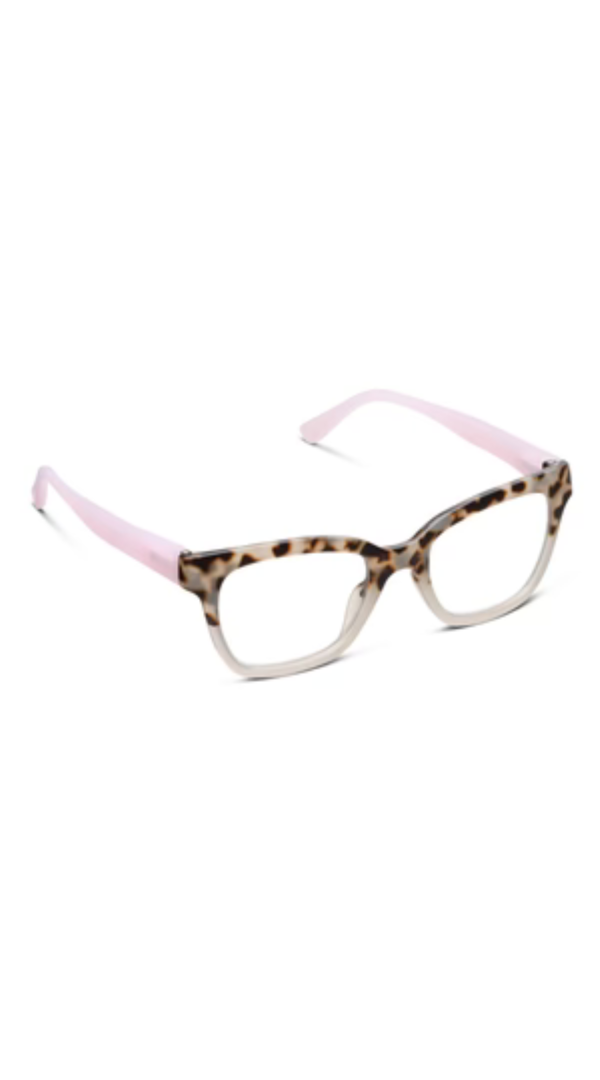 Square reading glasses with tortoise and clear frames, blush pink arms, and clear lenses.