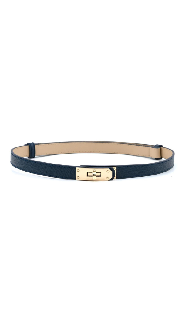 A slim navy leather belt with a gold-tone metal turn-lock clasp and a beige interior lining, displayed horizontally on a plain white background.