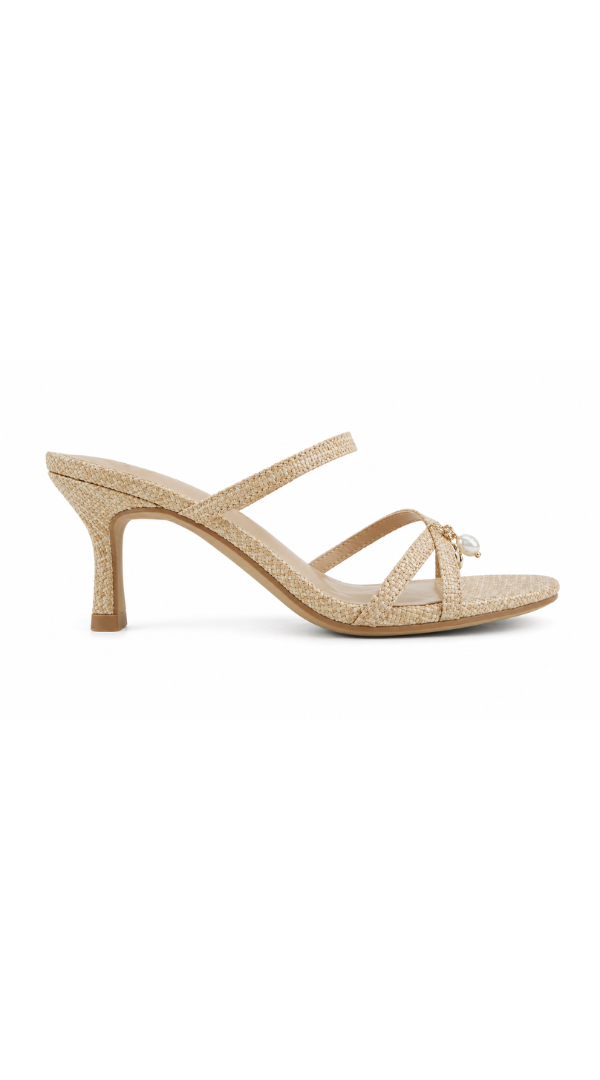 Strappy heeled sandal with woven texture and charm detail on a mid heel.