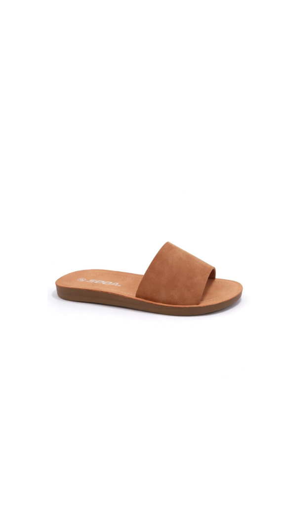 Slide sandals with single wide strap and flat sole