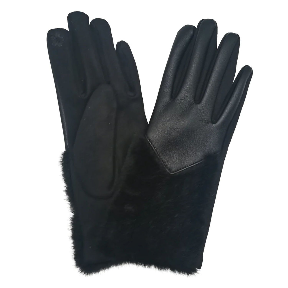 Fur Accent Gloves in black featuring a smooth leather-look finish, full-finger design, and plush faux-fur wrist cuffs for an elegant cold-weather style