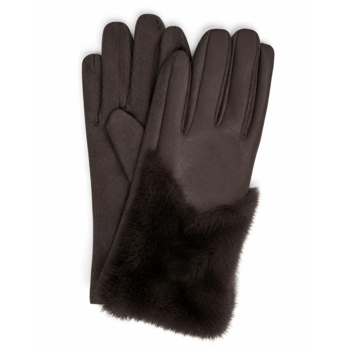 Fur Accent Gloves in black featuring a smooth leather-look finish, full-finger design, and plush faux-fur wrist cuffs for an elegant cold-weather style
