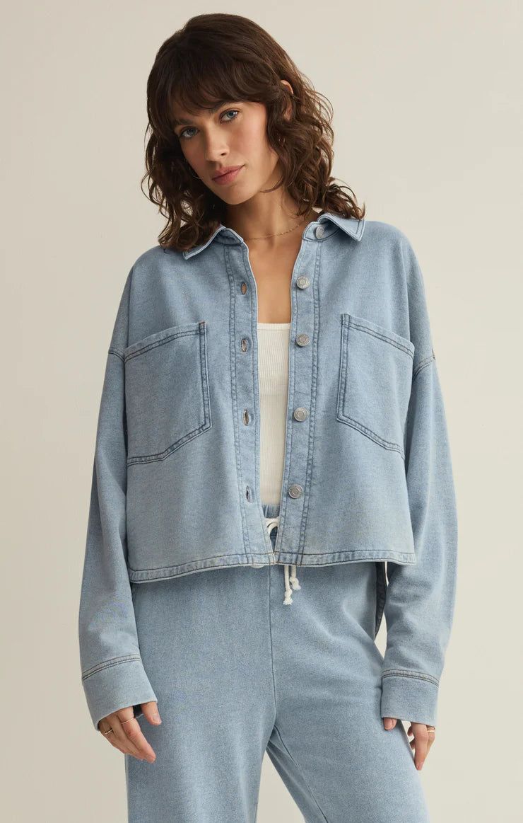 women’s shacket, denim shacket, casual jacket, lightweight jacket, layering piece, everyday jacket, relaxed fit jacket, boutique jacket, women’s outerwear, casual outerwear, soft jacket, transitional jacket, lounge jacket, trendy jacket, modern layering top, women’s casual wear, boutique outerwear, everyday layer