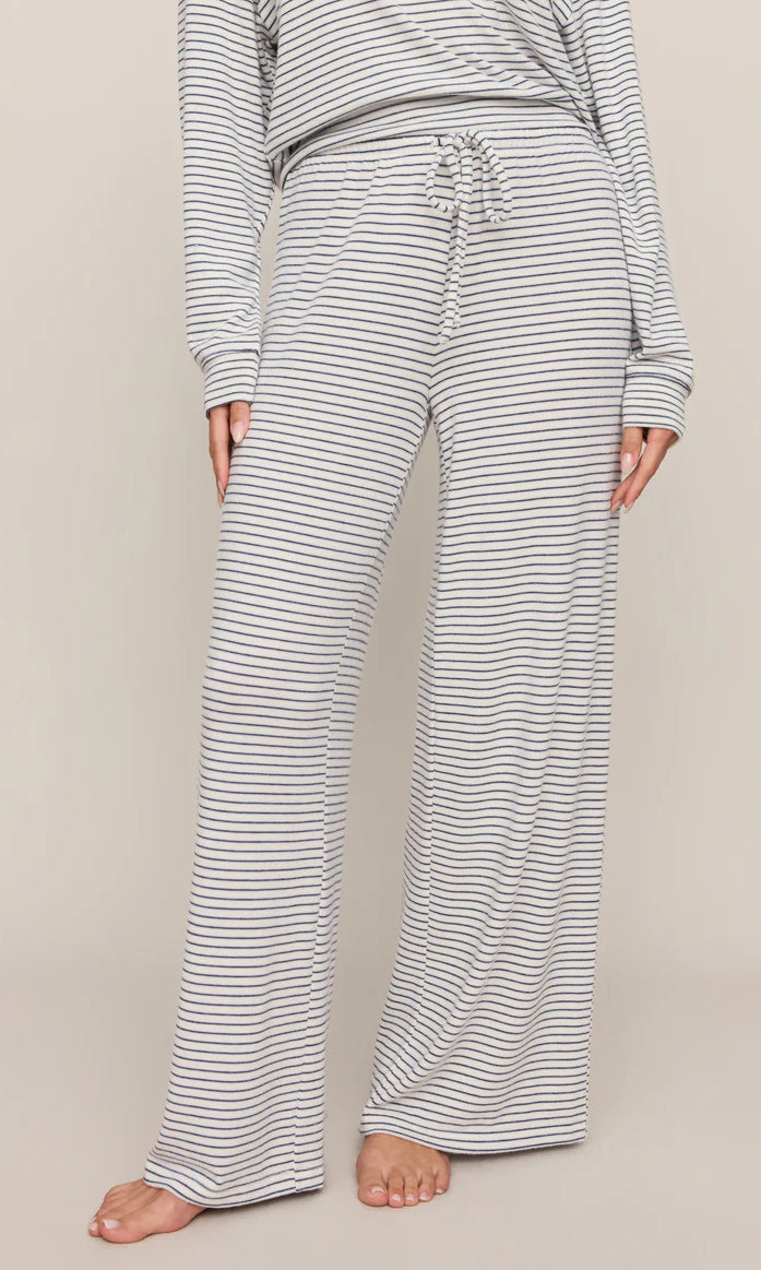 Soft striped wide-leg lounge pants with an adjustable drawstring waistband and a relaxed, comfortable fit.