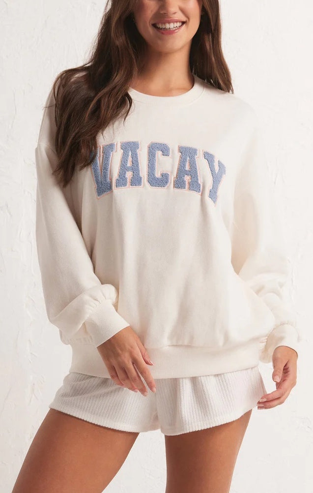 Z Supply Oversized Vacay Sweatshirt White. Planning a vacay? Grab the Oversized Vacay Sweatshirt and stay comfy on your flight or road trip. This classic crew pullover is also perfect for staycations or lounging around the house. Throw it on over denim and this top easily creates a comfy casual look.
