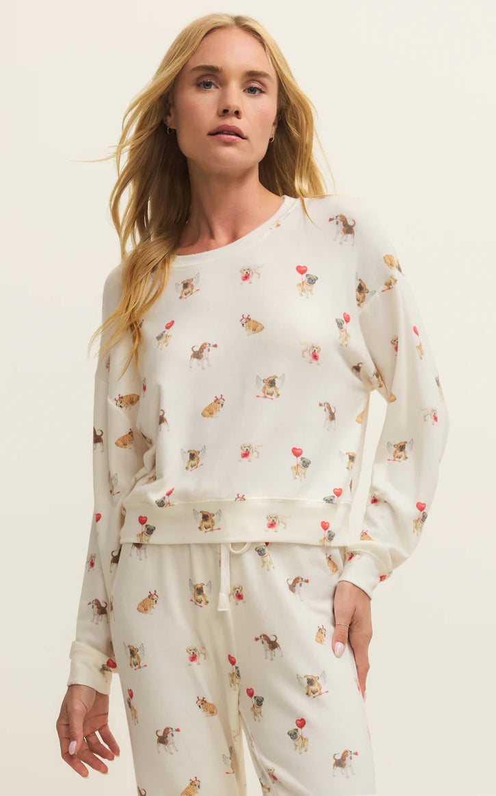 women’s lounge top, novelty print top women, long sleeve lounge shirt, cozy everyday top, casual sleepwear women, relaxed fit lounge top, dog print