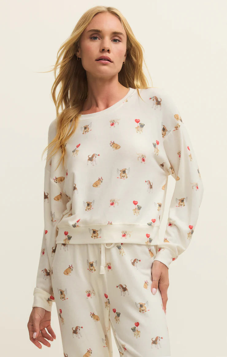 women’s lounge top, novelty print top women, long sleeve lounge shirt, cozy everyday top, casual sleepwear women, relaxed fit lounge top, dog print