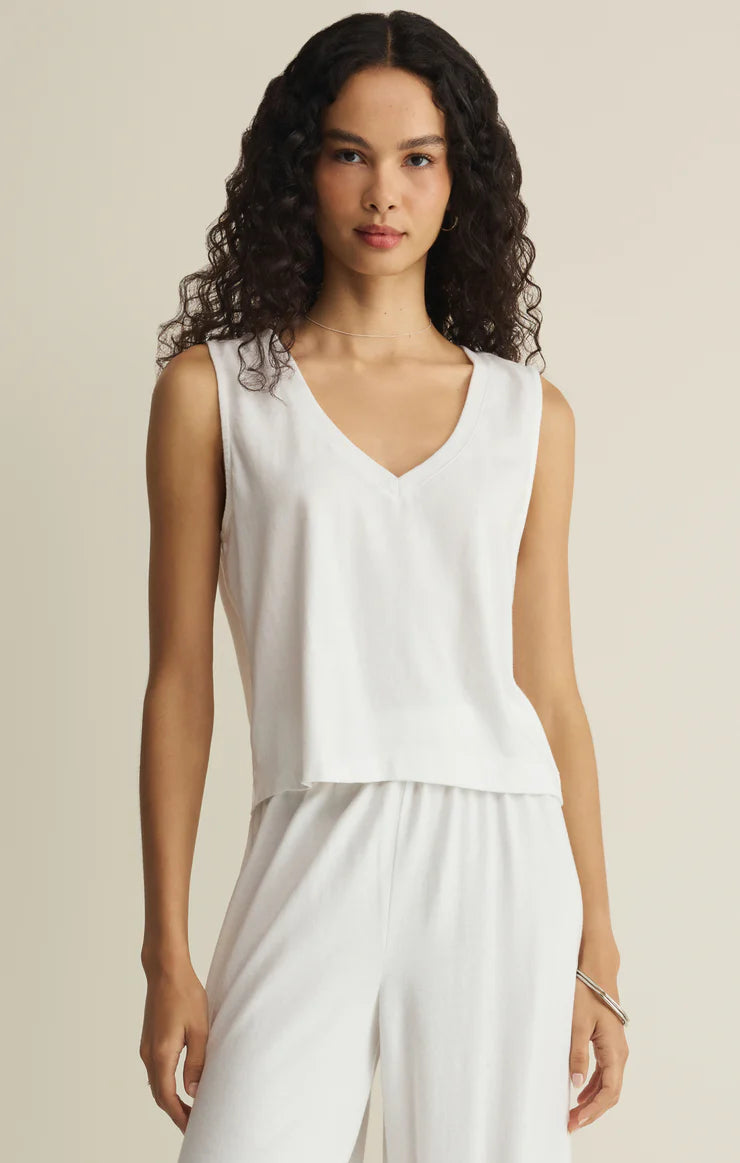 Sleeveless v-neck top with relaxed fit styled with matching pants