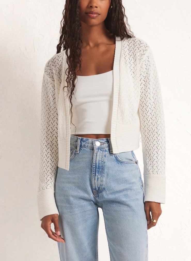 Z Supply Kapa Cardigan White. Cute and cropped, you're gonna love the Kapa Cardigan. The elevated design and texture of this sweater cardi is perfect for throwing on over a tank with denim.