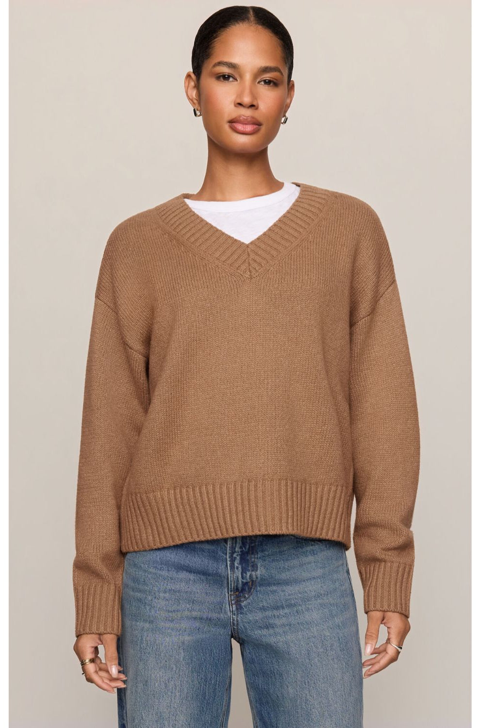 Cloud Spun V-Neck Sweater – Golden Caramel, long-sleeve knit sweater with V-neckline and ribbed trim