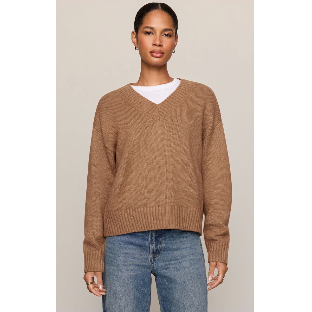Cloud Spun V-Neck Sweater – Golden Caramel, long-sleeve knit sweater with V-neckline and ribbed trim