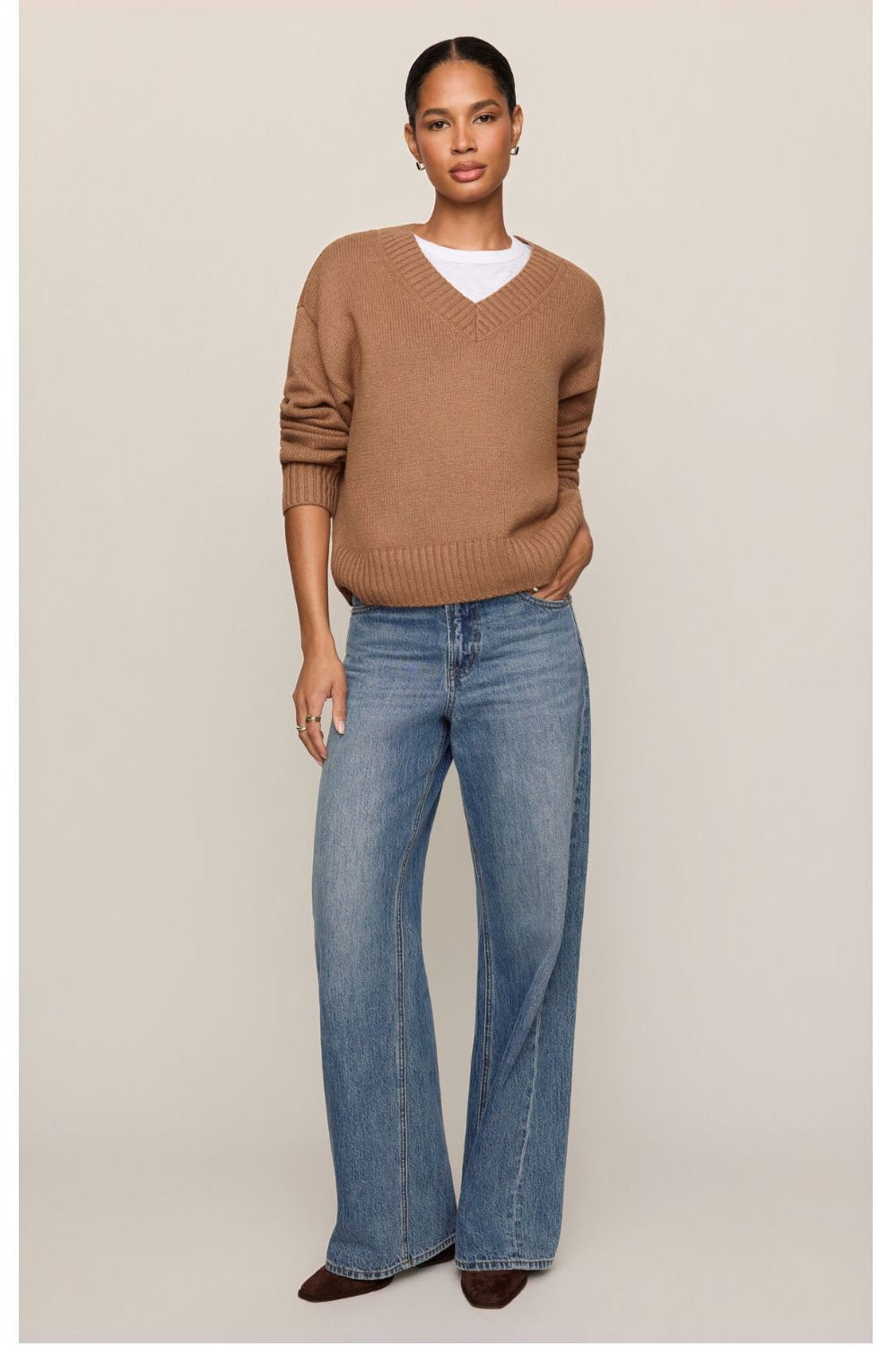 Cloud Spun V-Neck Sweater – Golden Caramel, long-sleeve knit sweater with V-neckline and ribbed trim