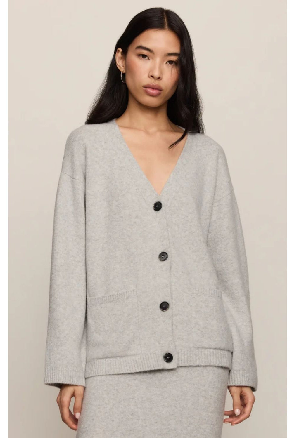 Cozy Moment Cardigan with V-neckline, button front, long sleeves, and oversized patch pockets