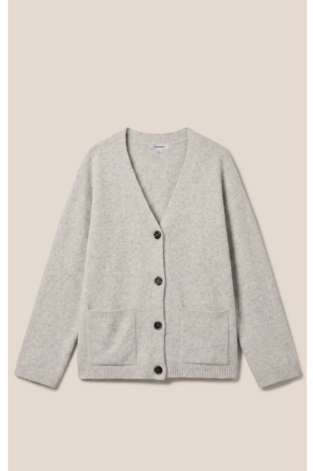 Cozy Moment Cardigan with V-neckline, button front, long sleeves, and oversized patch pockets