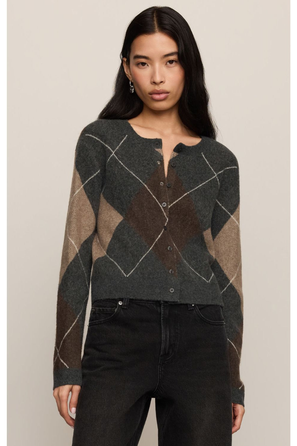 Medina Stripe Cardigan with crew neckline, long sleeves, and button-front closure.