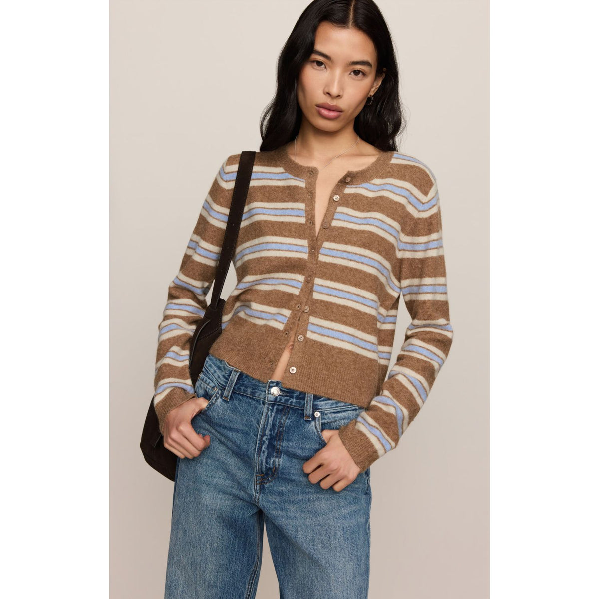 Medina Stripe Cardigan is striped button-front cardigan with crew neckline and long sleeves