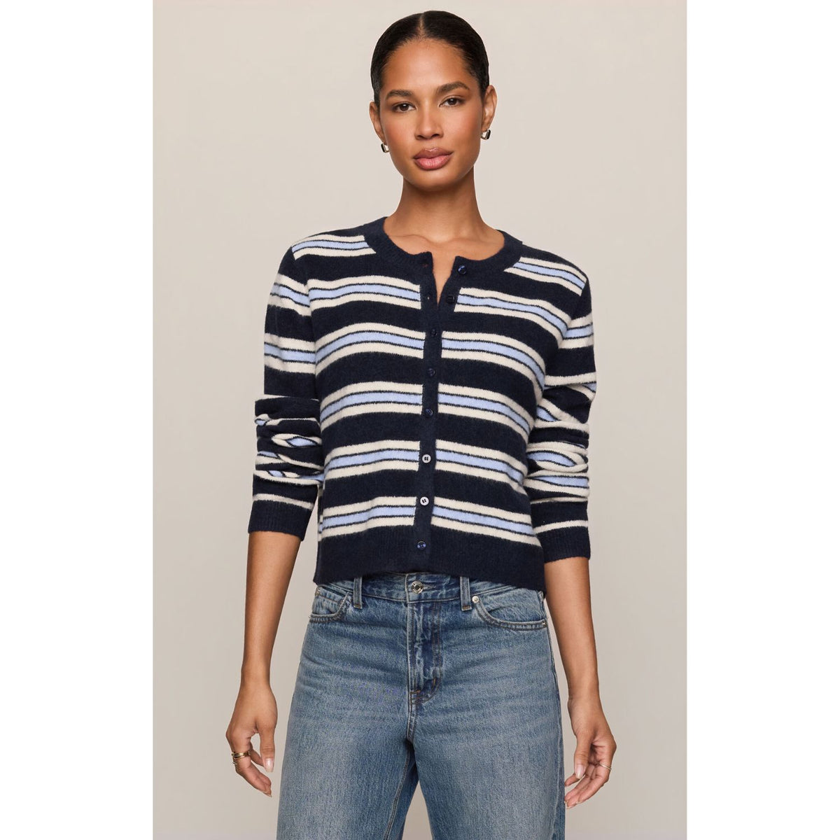 Medina Stripe Cardigan is striped button-front cardigan with crew neckline and long sleeves