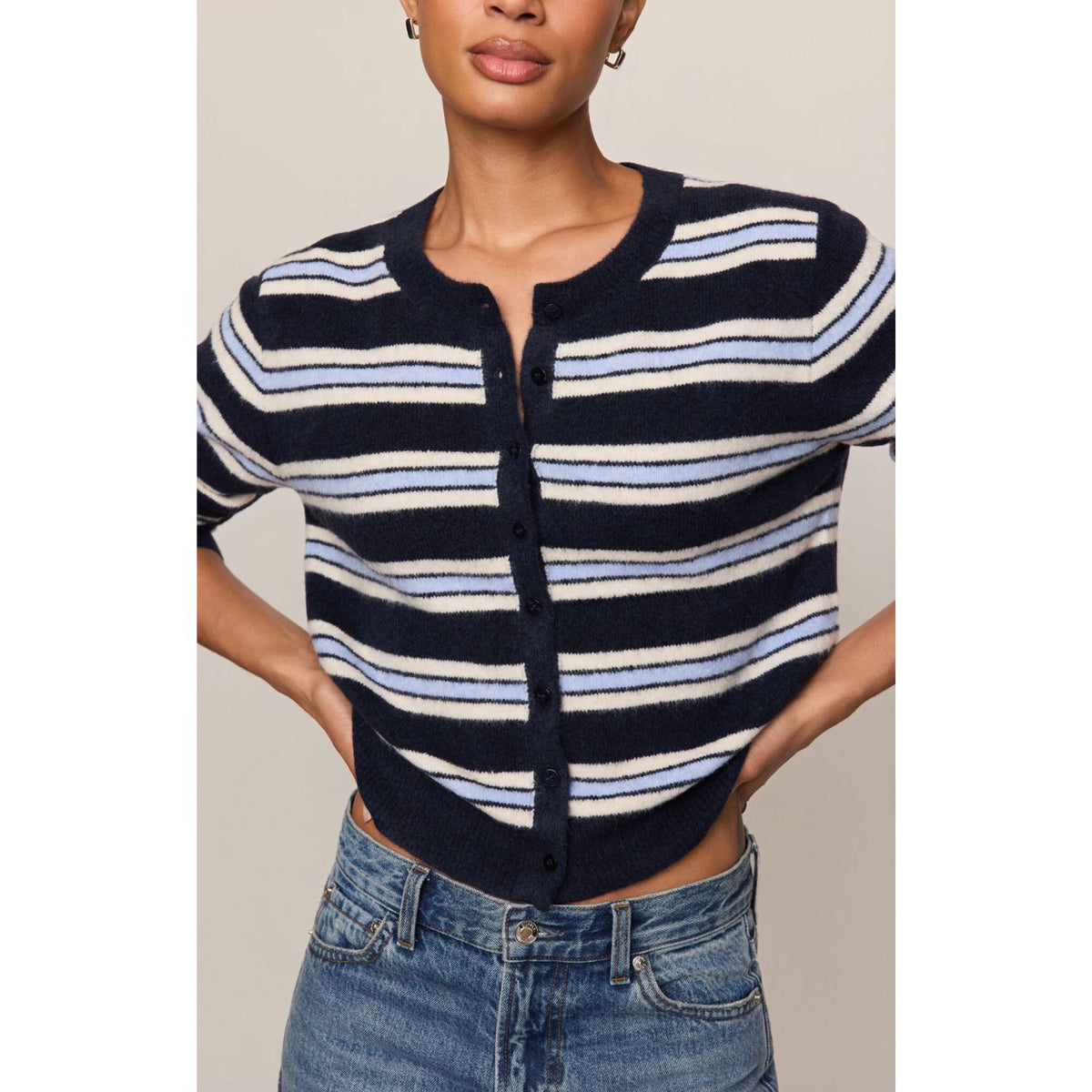 Medina Stripe Cardigan is striped button-front cardigan with crew neckline and long sleeves